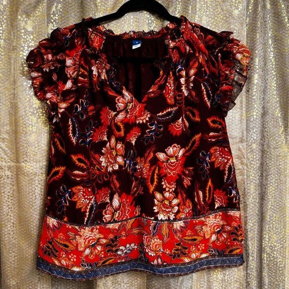 Old Navy Tops - Old Navy Red Orange Boho Paisley Floral Ruffle Sleeve Blouse Medium